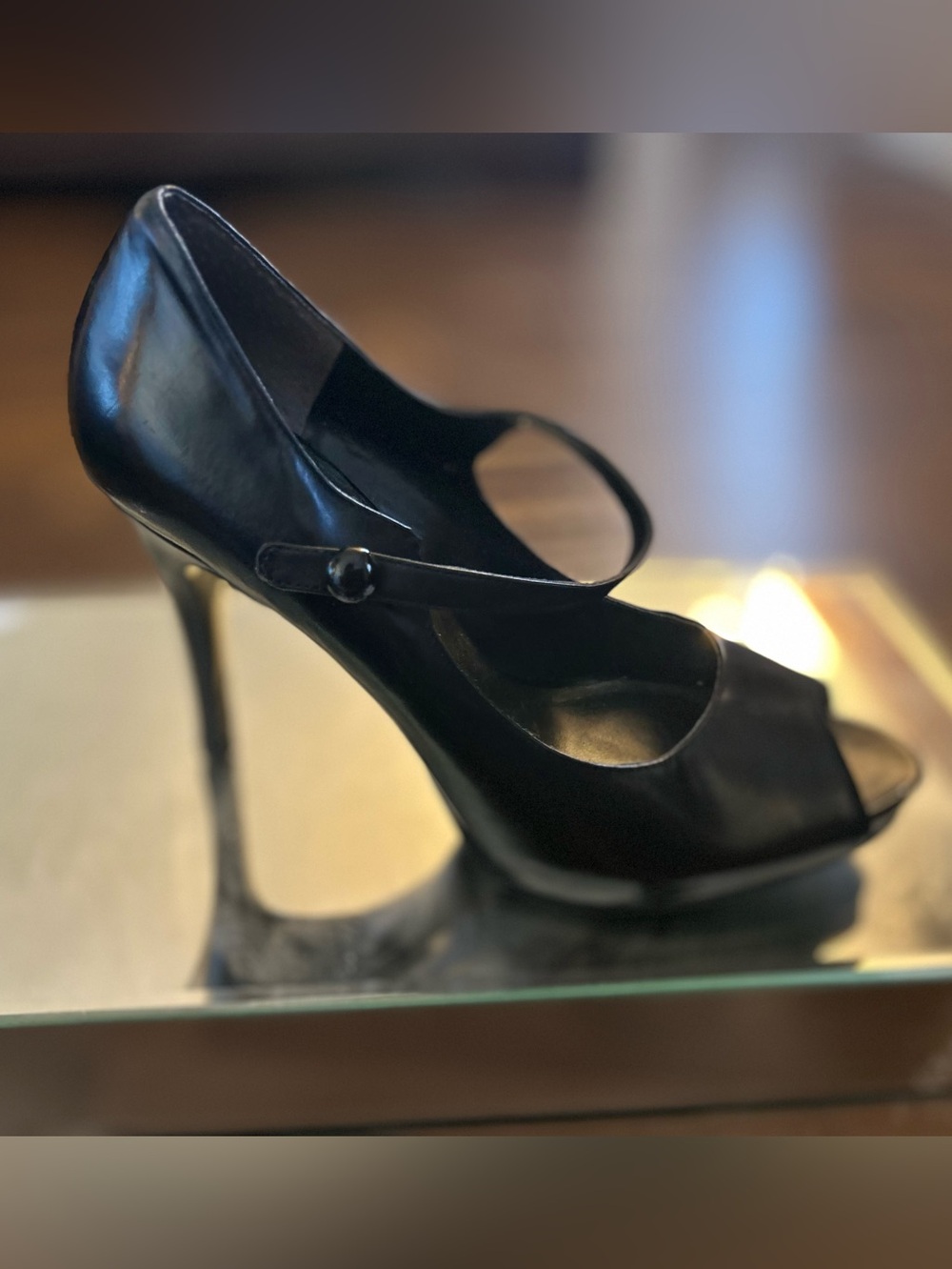 Nine West Black leather Mary Jane Peep-Toe Stiletto Heels